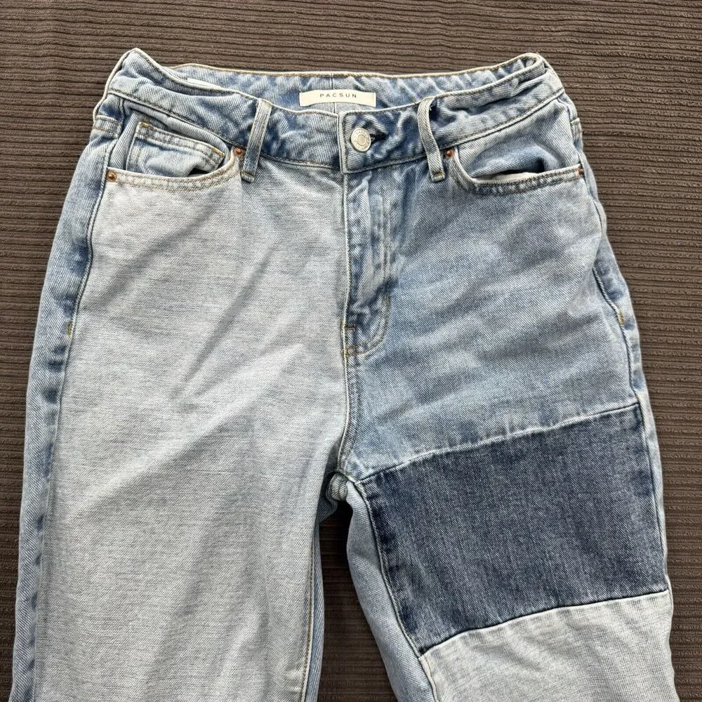 Pacsun Mom Jeans‎ Women 25 Blue Cotton Colorblock Patchwork Light Wash Comfort.